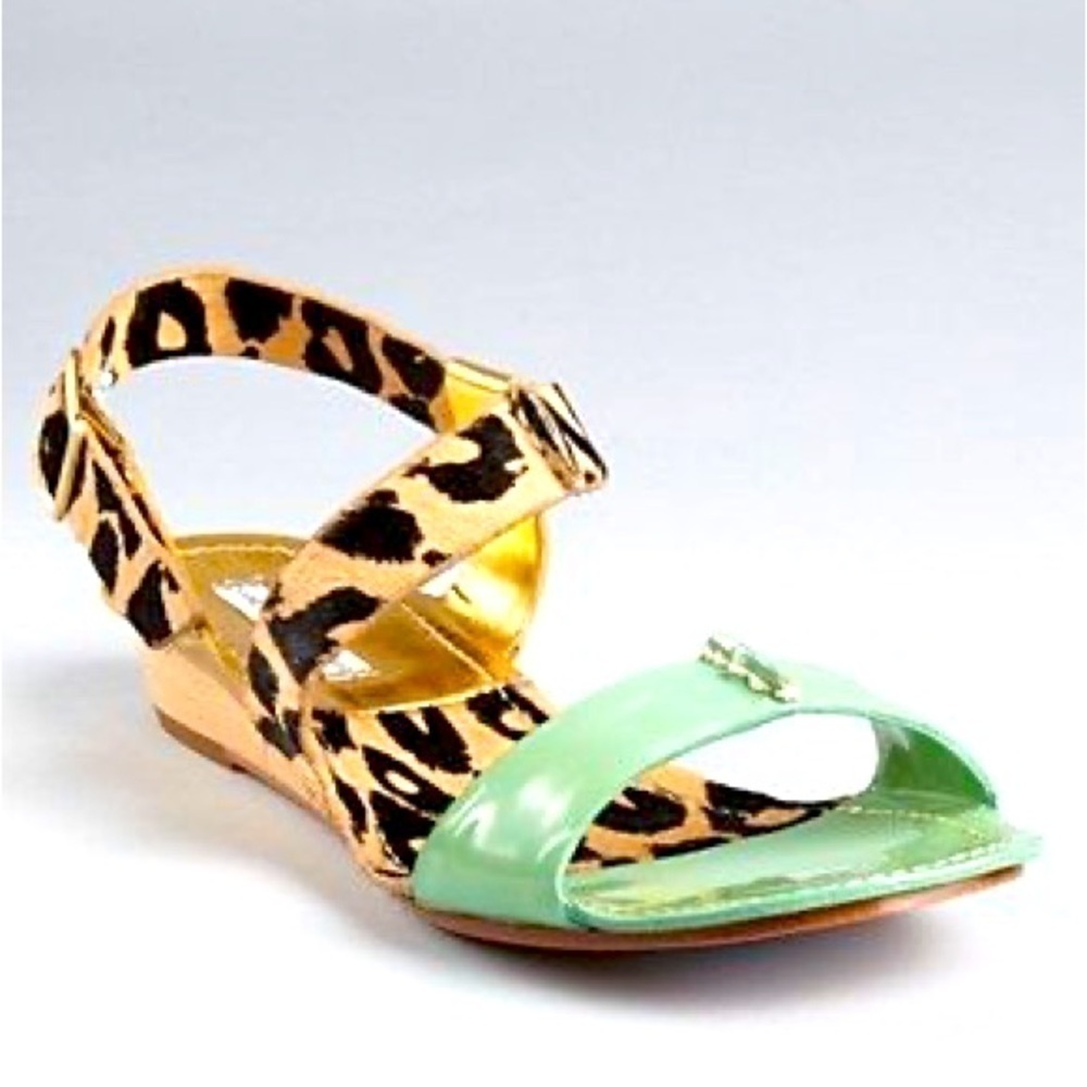 DIANE VON FURSTENBERG Calf Hair Leopard and Mint Teal Sling Back Sandals Size 6
